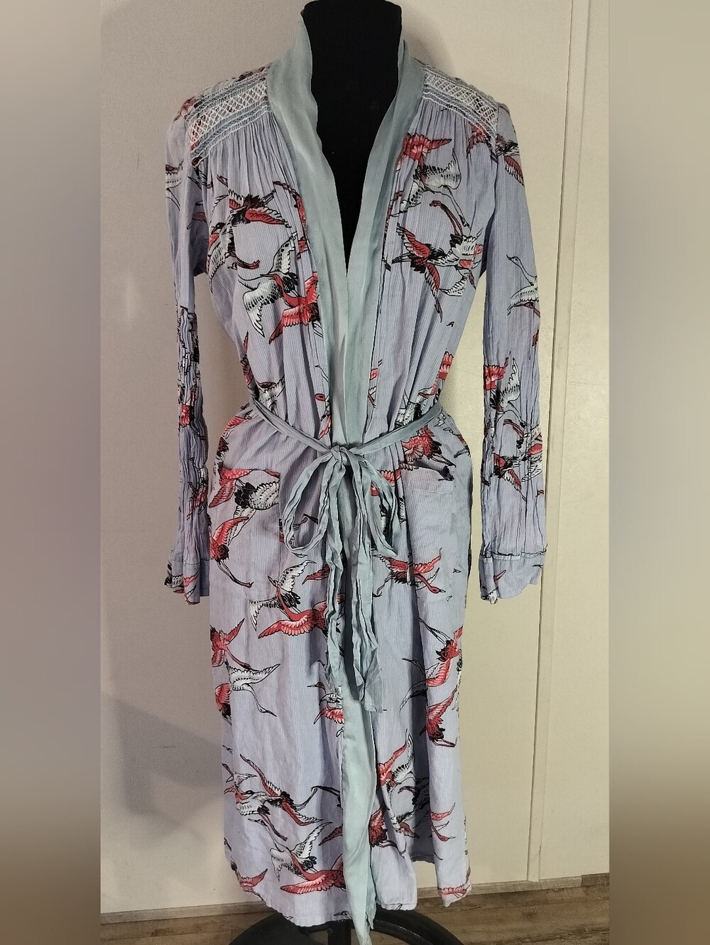 Light Blue Bird Print Kimono Robe with Tie Belt